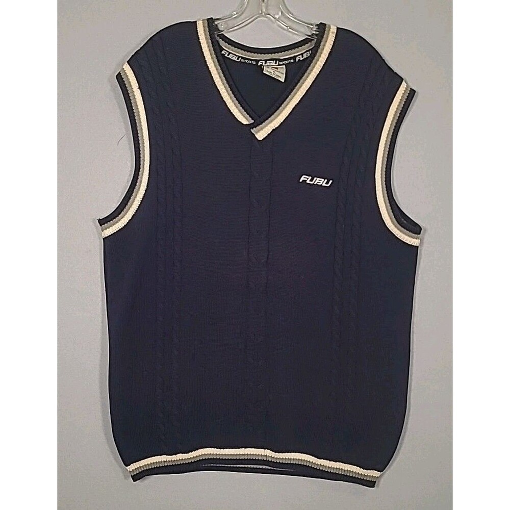 Vtg FUBU Sweater Vest Mens L Blue Cream Gray Cable Knit Tennis Cricket  Prep Y2K